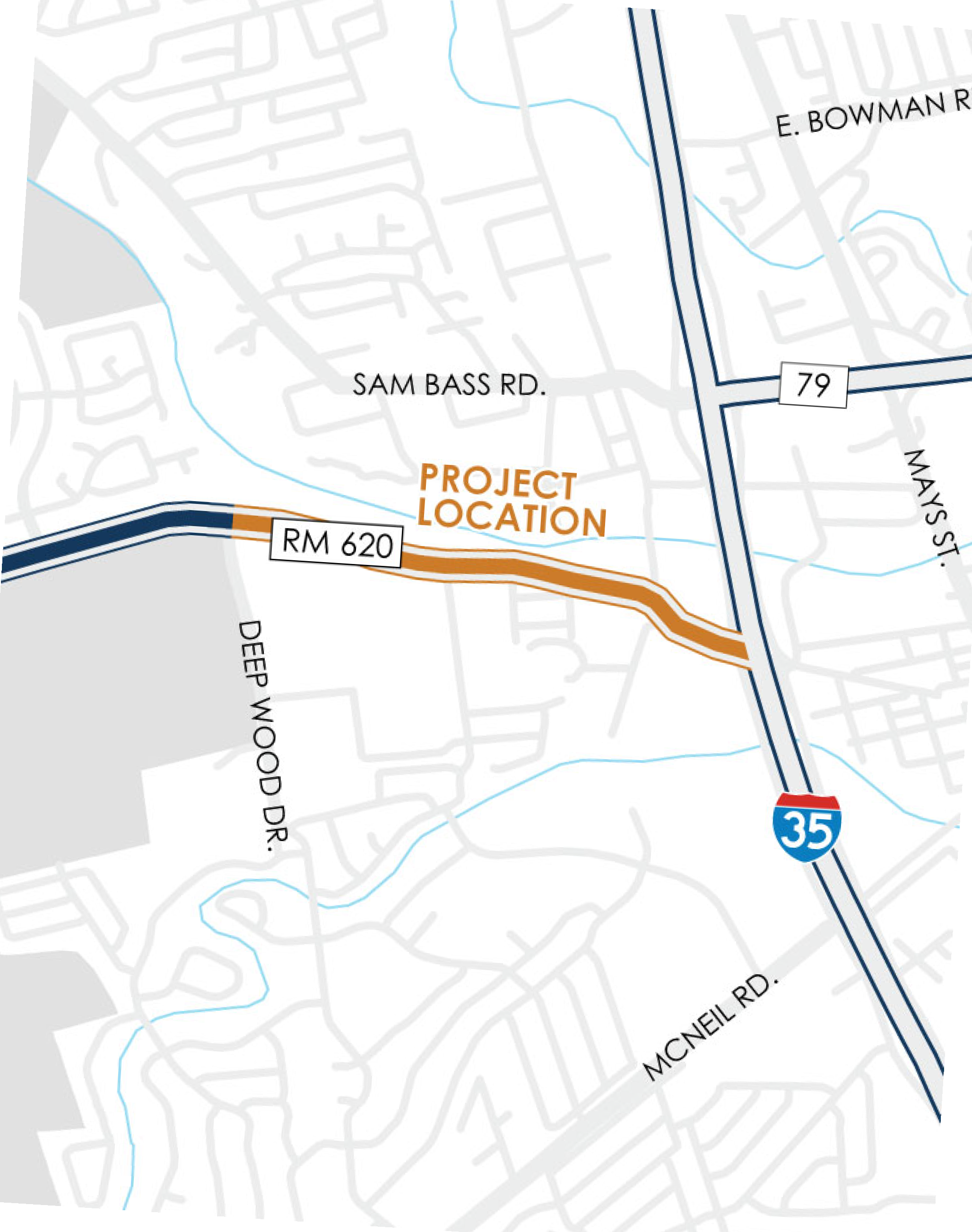 Map of RM 620 Roundabout (I-35 to Deep Wood Drive)